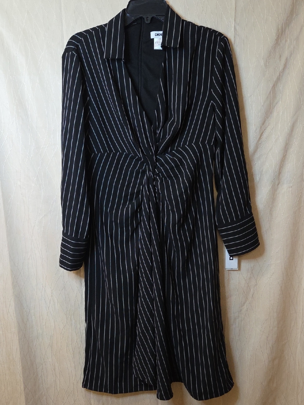 DKNY Black Pinstripe Twist-Front Long Sleeve Dress